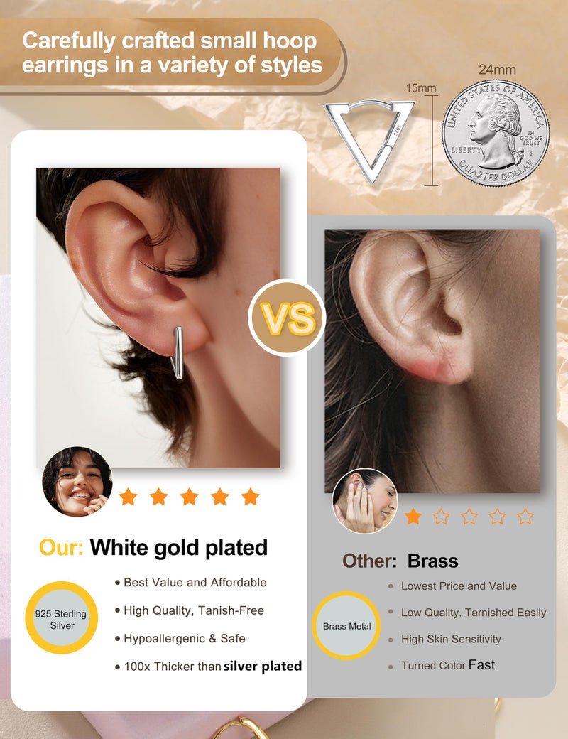 Milacolato 925 Sterling Silver Small Hoop Earrings for Women White Gold Plated Geometric Huggie Hoop Earrings Hypoallergenic Triangle Hoop Earrings for Women Trendy Jewelry Gifts - Image 2